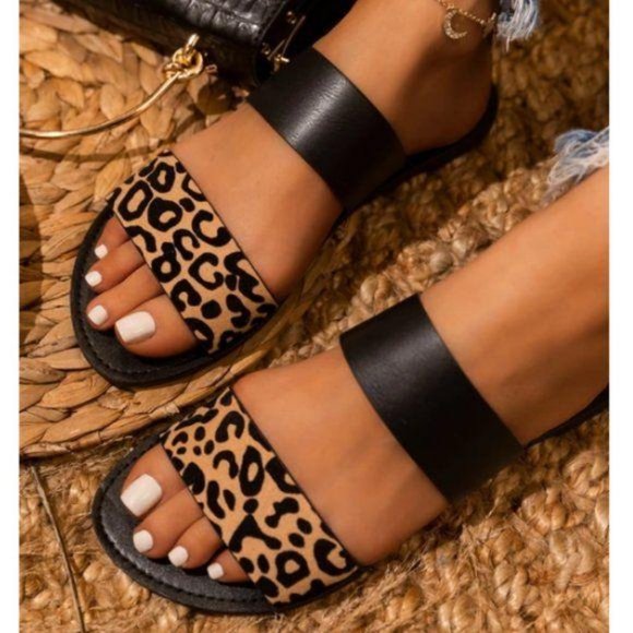 Shoes - Double Strap Sandals in Black / Leopard
